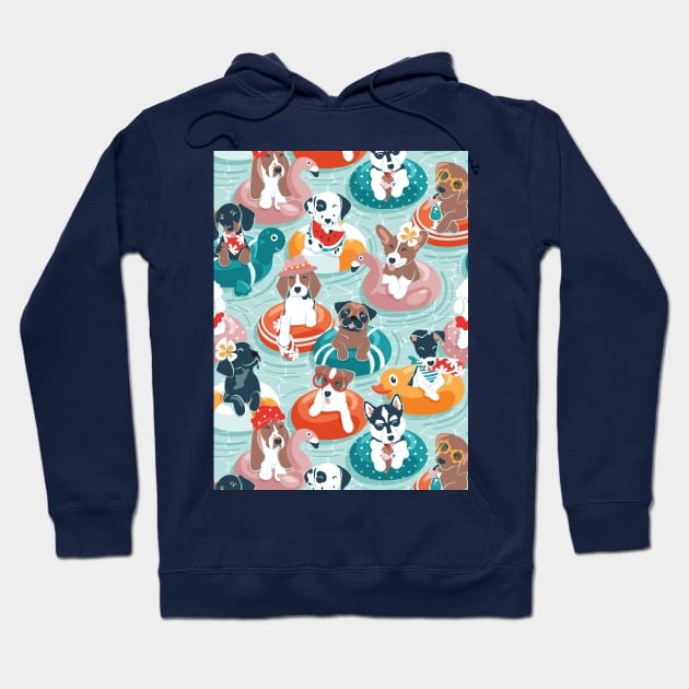 Summer pool pawty // aqua background dog breeds in vacations playing on swimming pool floats Hoodie by SelmaCardoso